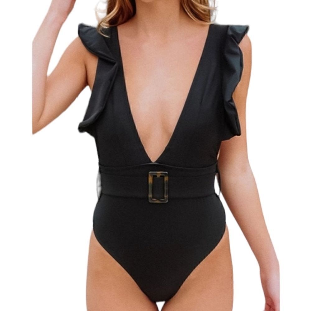 Shein Women's  Black Ruffle  Belted Plunge One Piece Swimsuit Sz Large